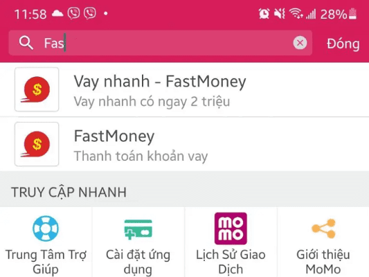Truy cập vào Fast Money trên ví MoMo